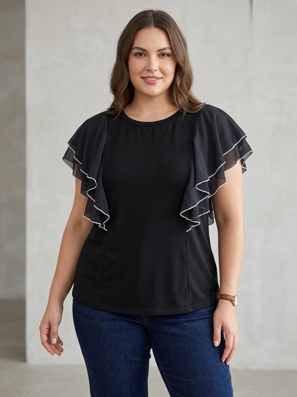 BloomChic Black Tiered Ruffle Statement Short Sleeve Top Size 14/16